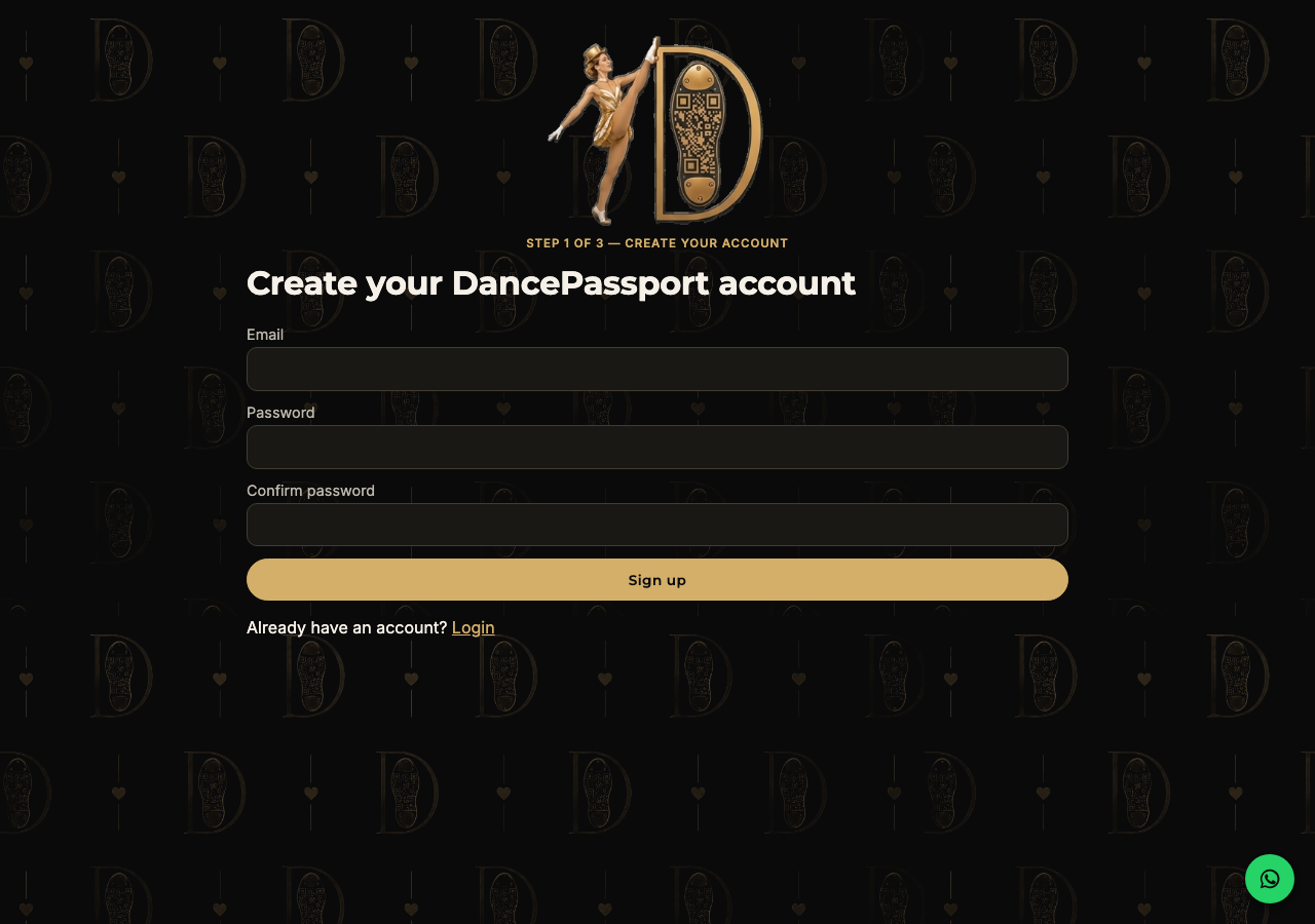 DancePassport sign-up form