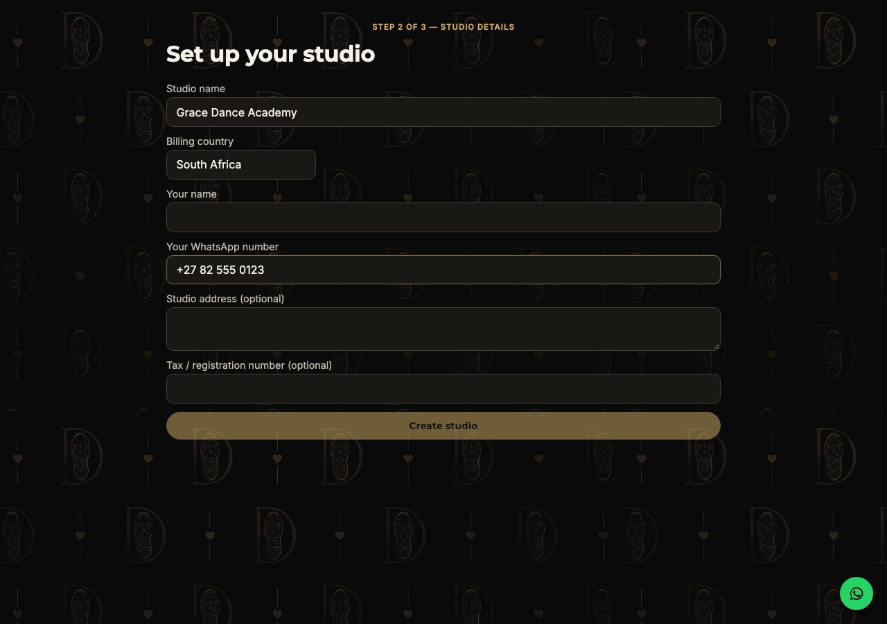 Studio details form filled in with Grace Dance Academy