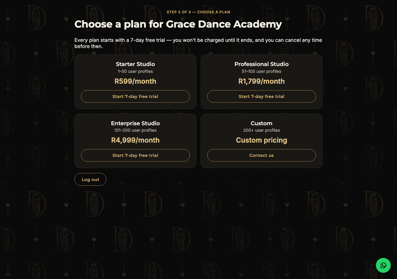 Plan picker showing Starter, Professional, Enterprise and Custom tiers