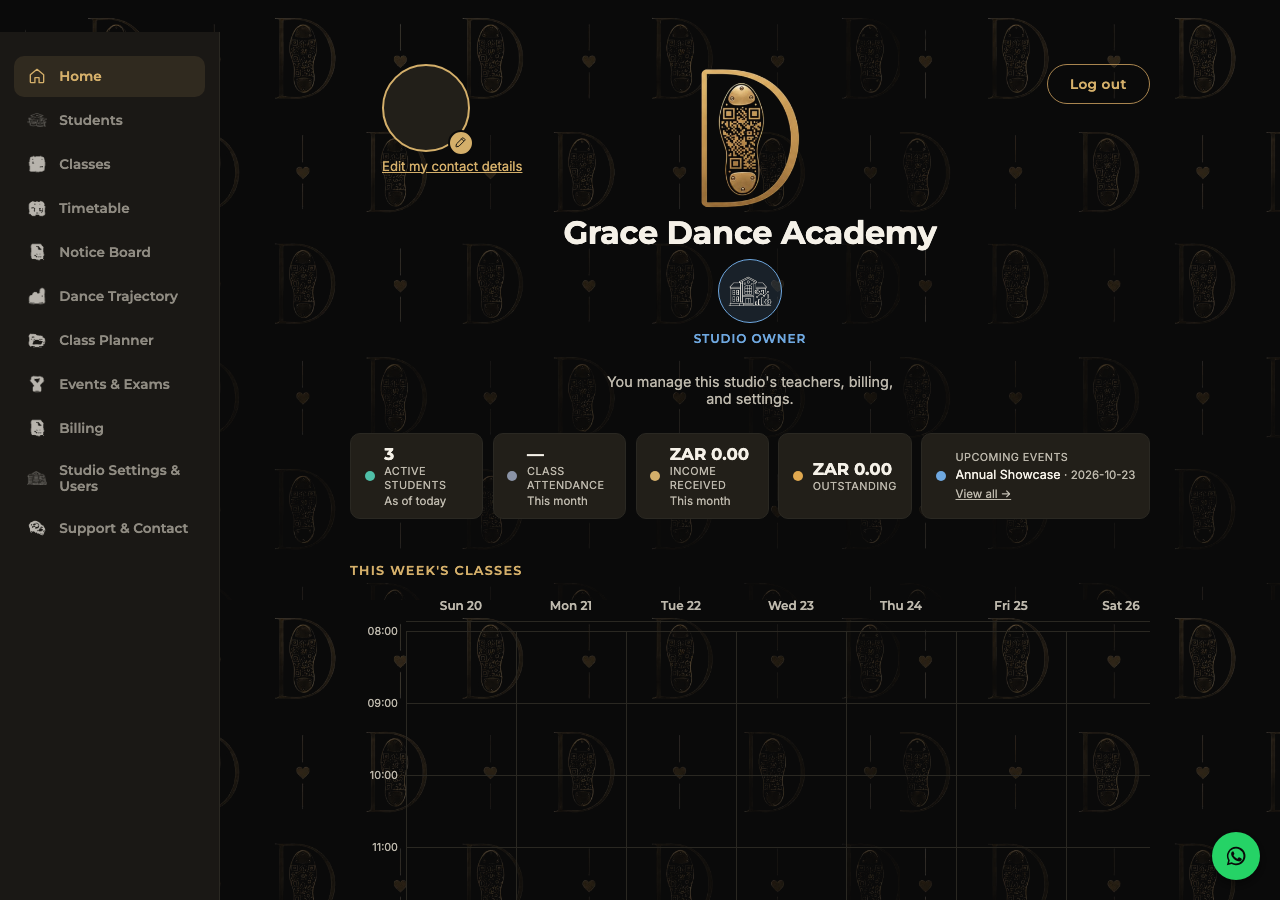 Studio dashboard for Grace Dance Academy