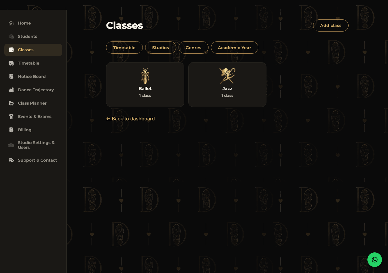 Classes list showing Ballet Grade 3 and Jazz Foundations