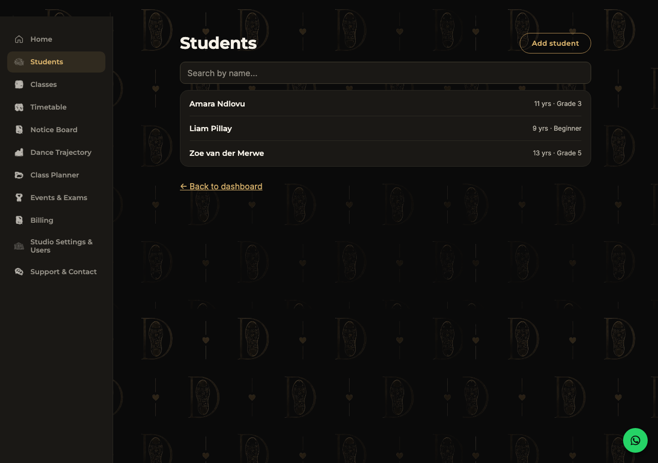 Students list showing Amara Ndlovu, Liam Pillay and Zoe van der Merwe