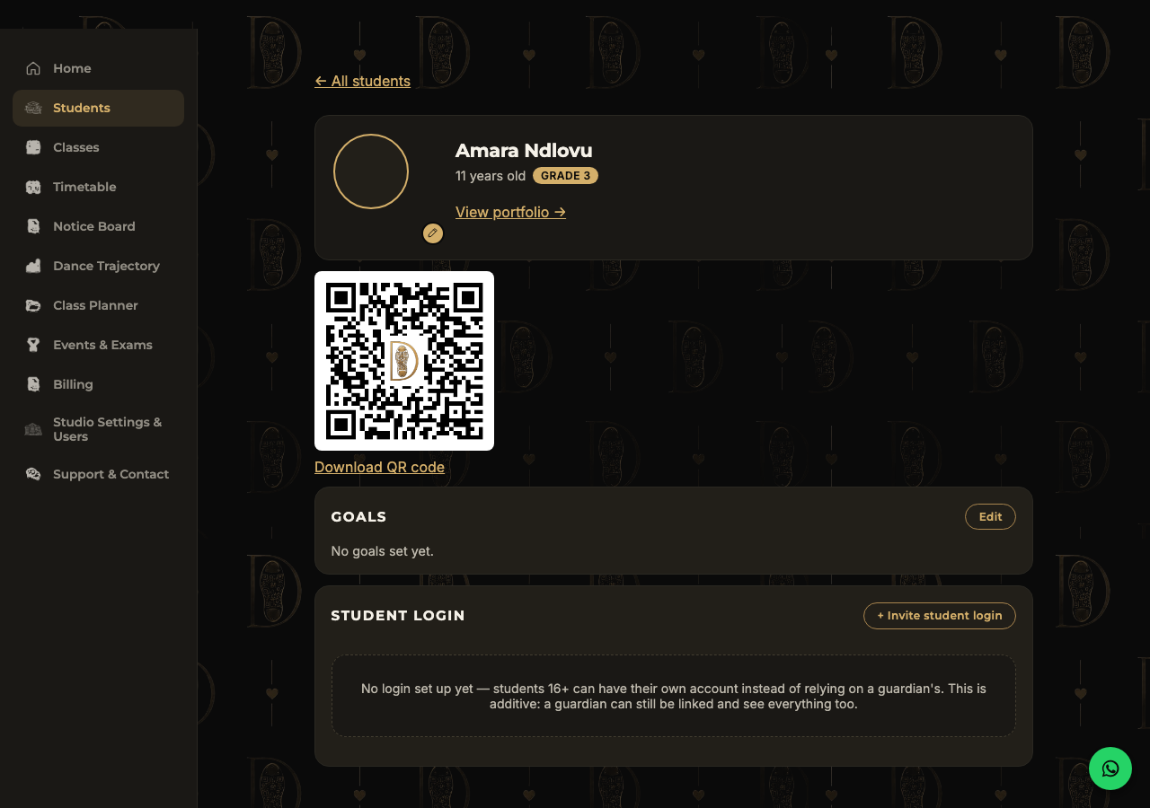 Student profile for Amara Ndlovu showing her QR code