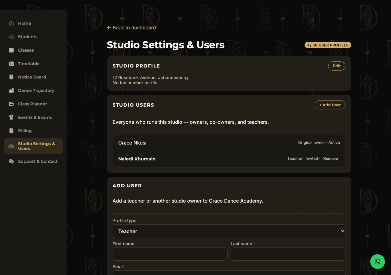 Studio Settings and Users page showing an invited teacher and user profile usage