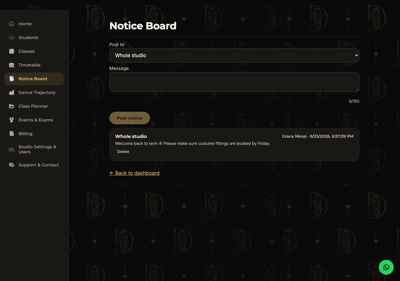 Notice board with a posted announcement