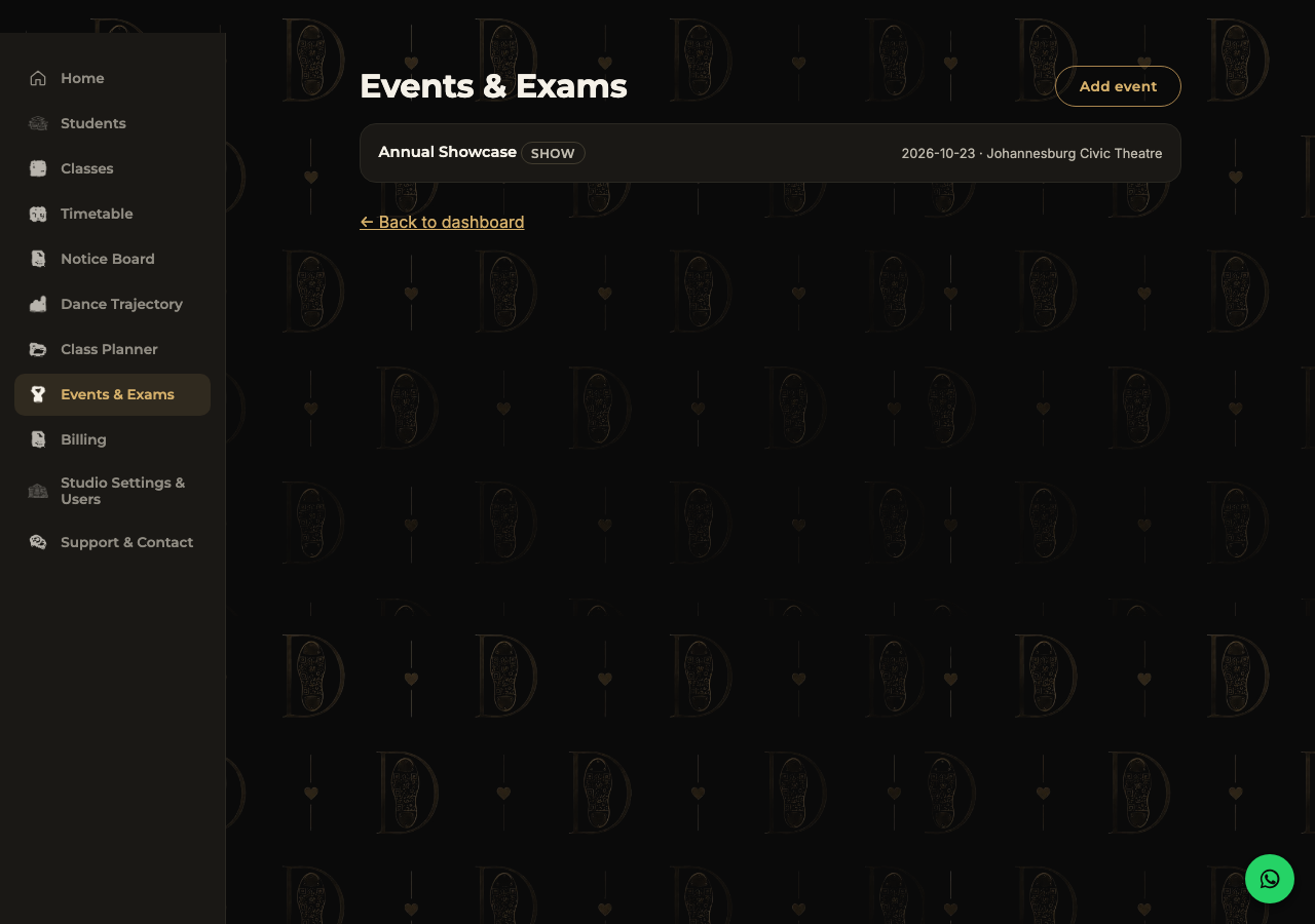 Events and Exams page showing an Annual Showcase event