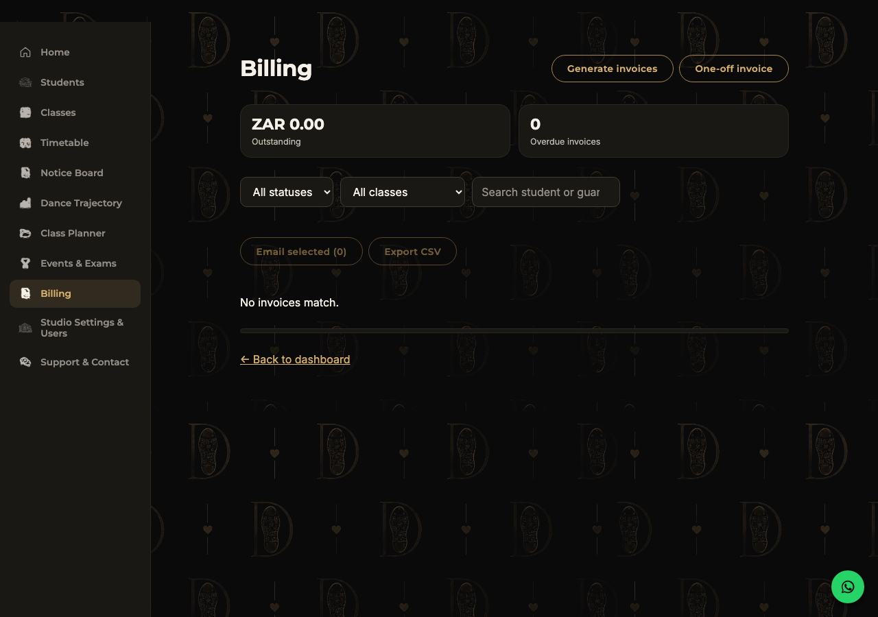 Billing page with invoice controls